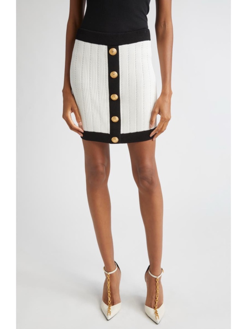 Balmain Twisted Cable Knit Sweater Skirt Mini White Black US 8 NWT FR 40